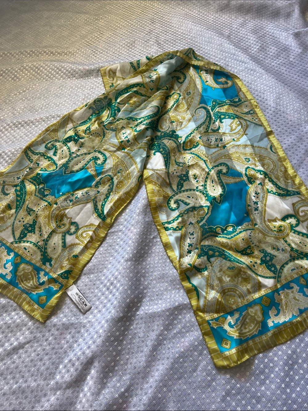 Oscar de la Renta Turquoise, Gold & Cream Paisley Silk Scarf